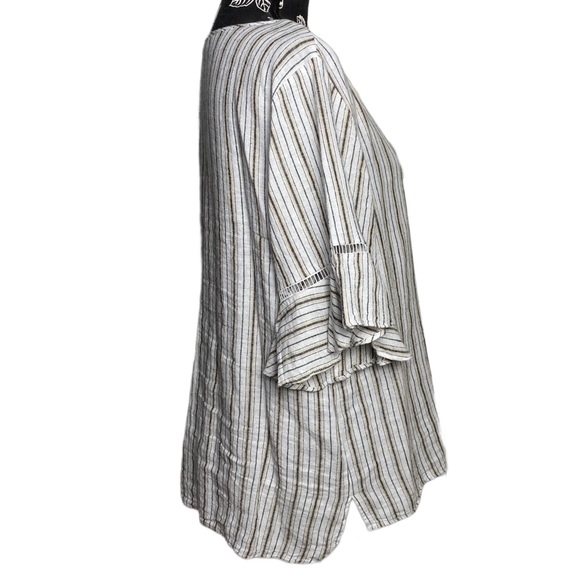 Ellen Tracy Linen Tie Neck Top Horizontal Striped Blouse Ruffled Flare Sleeves - Picture 2 of 6